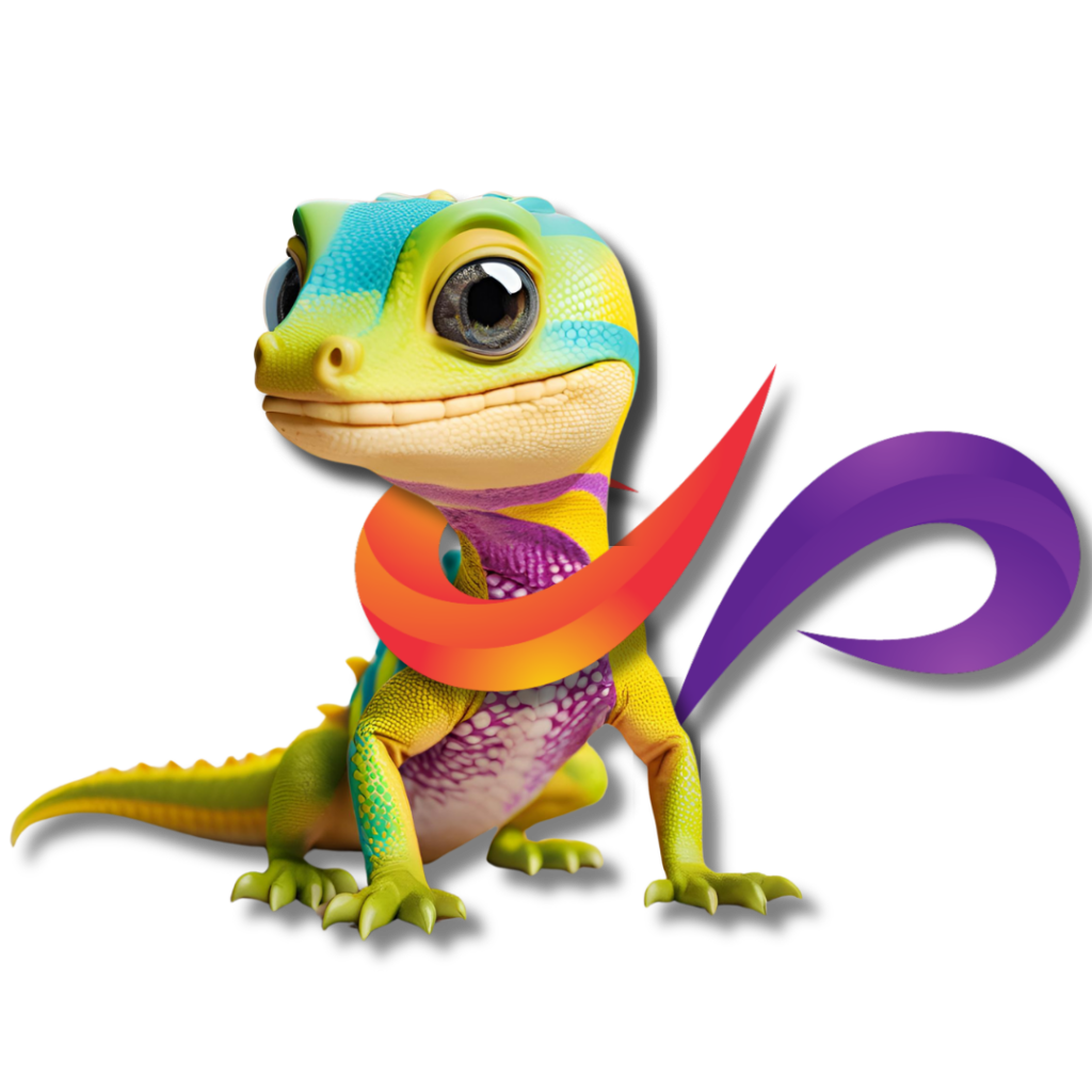 mascote da luso digital, chamado Gecko