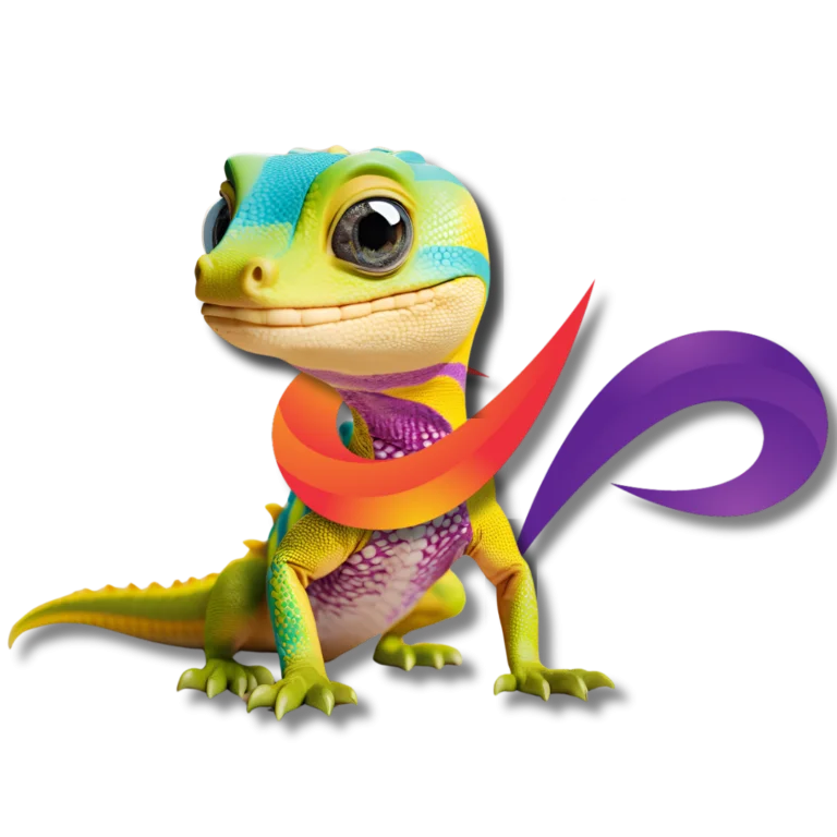 mascote da luso digital, chamado Gecko